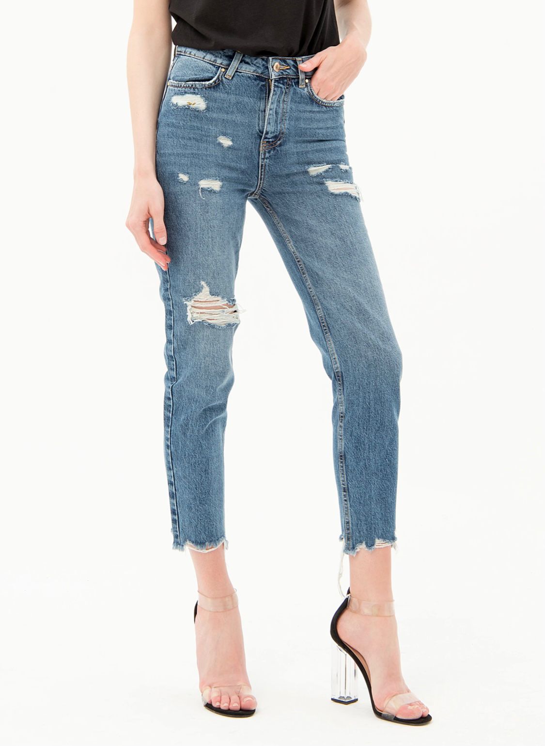 JEANS FRACOMINA BOYFRIEND IN DENIM CON LAVAGGIO MEDIO CON STRAPPI